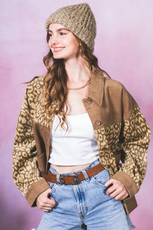 Leopard Contrast Button Down Corduroy Jacket- Mocha