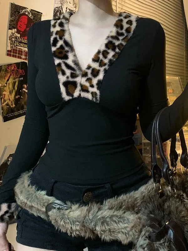 Leopard fur collar slim-fit vintage top