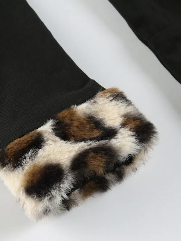 Leopard fur collar slim-fit vintage top