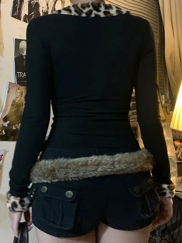Leopard fur collar slim-fit vintage top