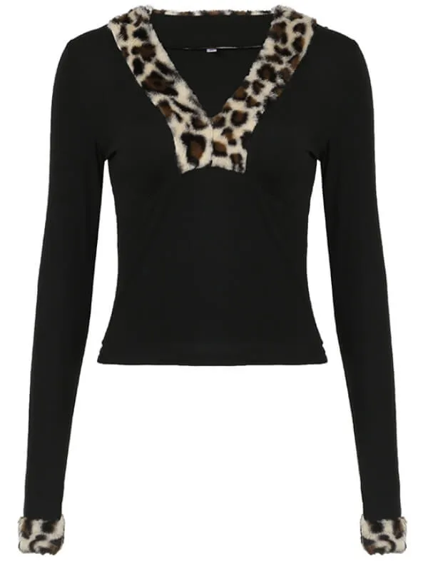 Leopard fur collar slim-fit vintage top