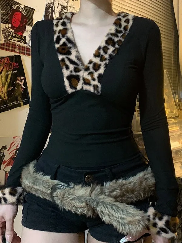 Leopard fur collar slim-fit vintage top