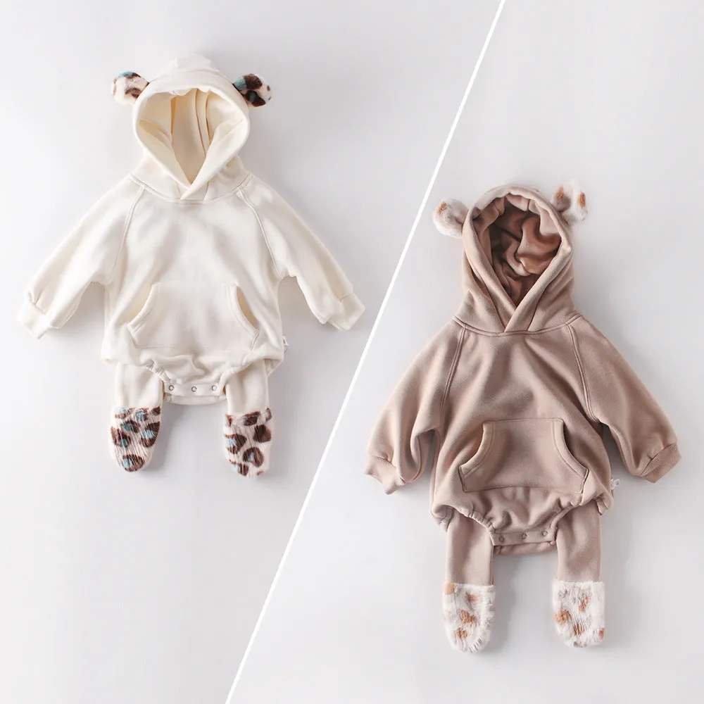 Leopard Print Hoodie Romper - Ivory