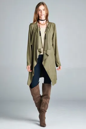 Loose fit, long sleeve, waterfall front open trench coat.