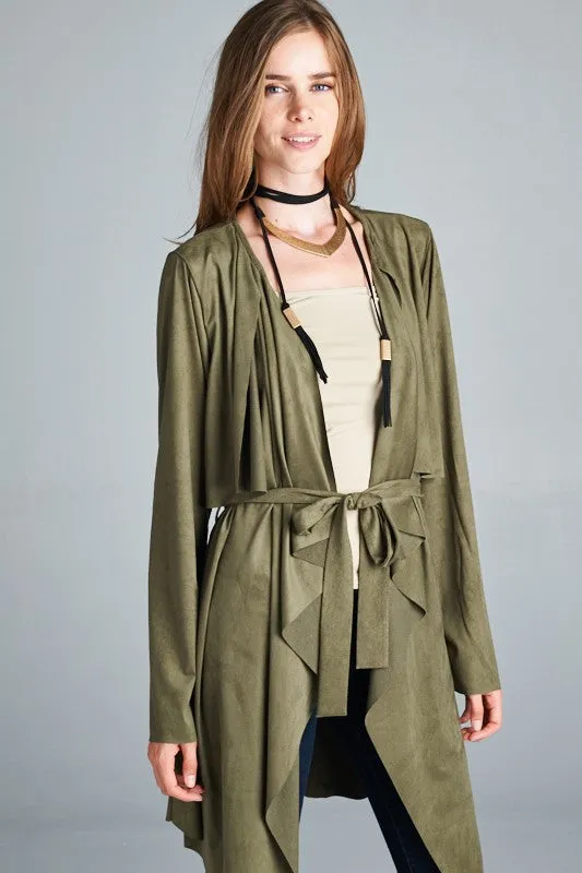 Loose fit, long sleeve, waterfall front open trench coat.
