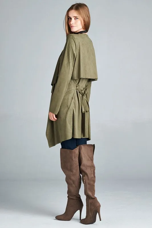 Loose fit, long sleeve, waterfall front open trench coat.