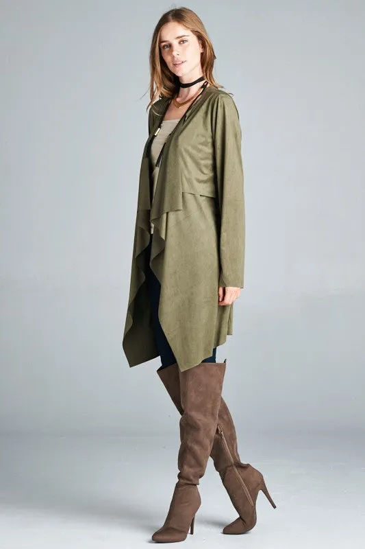 Loose fit, long sleeve, waterfall front open trench coat.