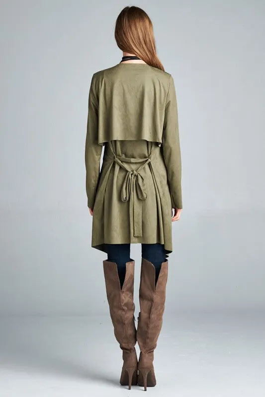 Loose fit, long sleeve, waterfall front open trench coat.