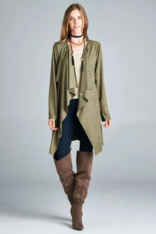 Loose fit, long sleeve, waterfall front open trench coat.