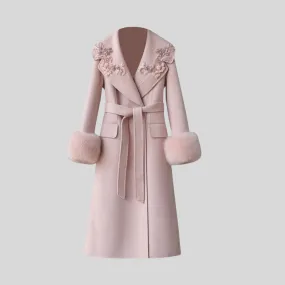 Luxury Cashmere Overcoat with Fox Fur Cuffs and Floral 3D Accents - Pink