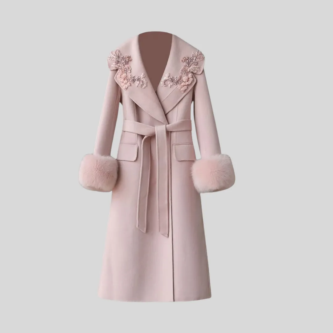 Luxury Cashmere Overcoat with Fox Fur Cuffs and Floral 3D Accents - Pink