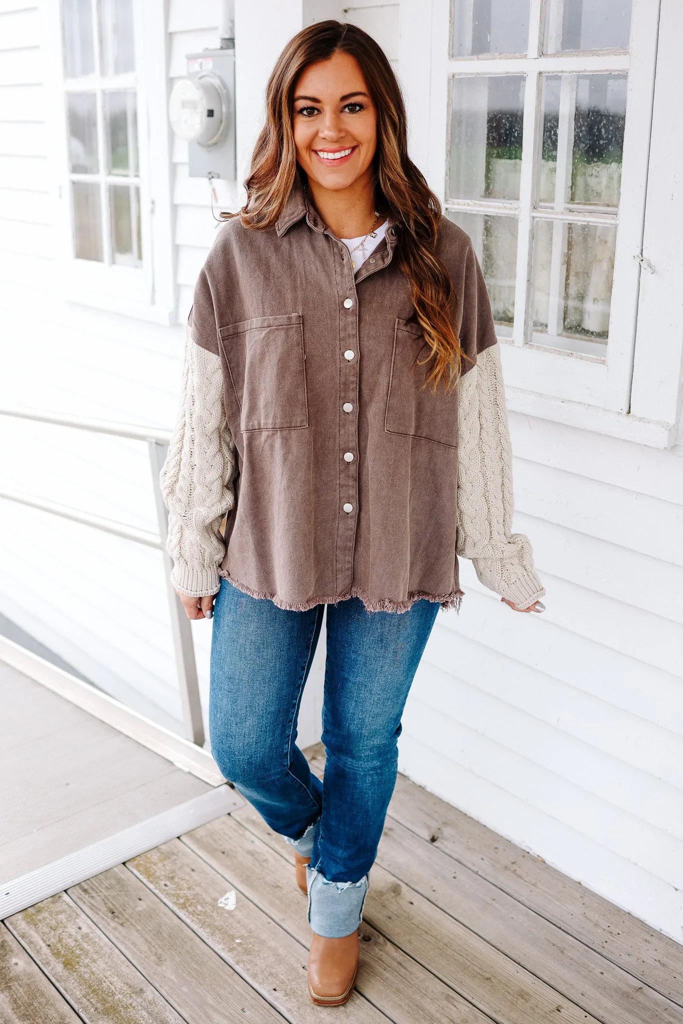 Maya Sweater Sleeve Shacket - Choco/Almond