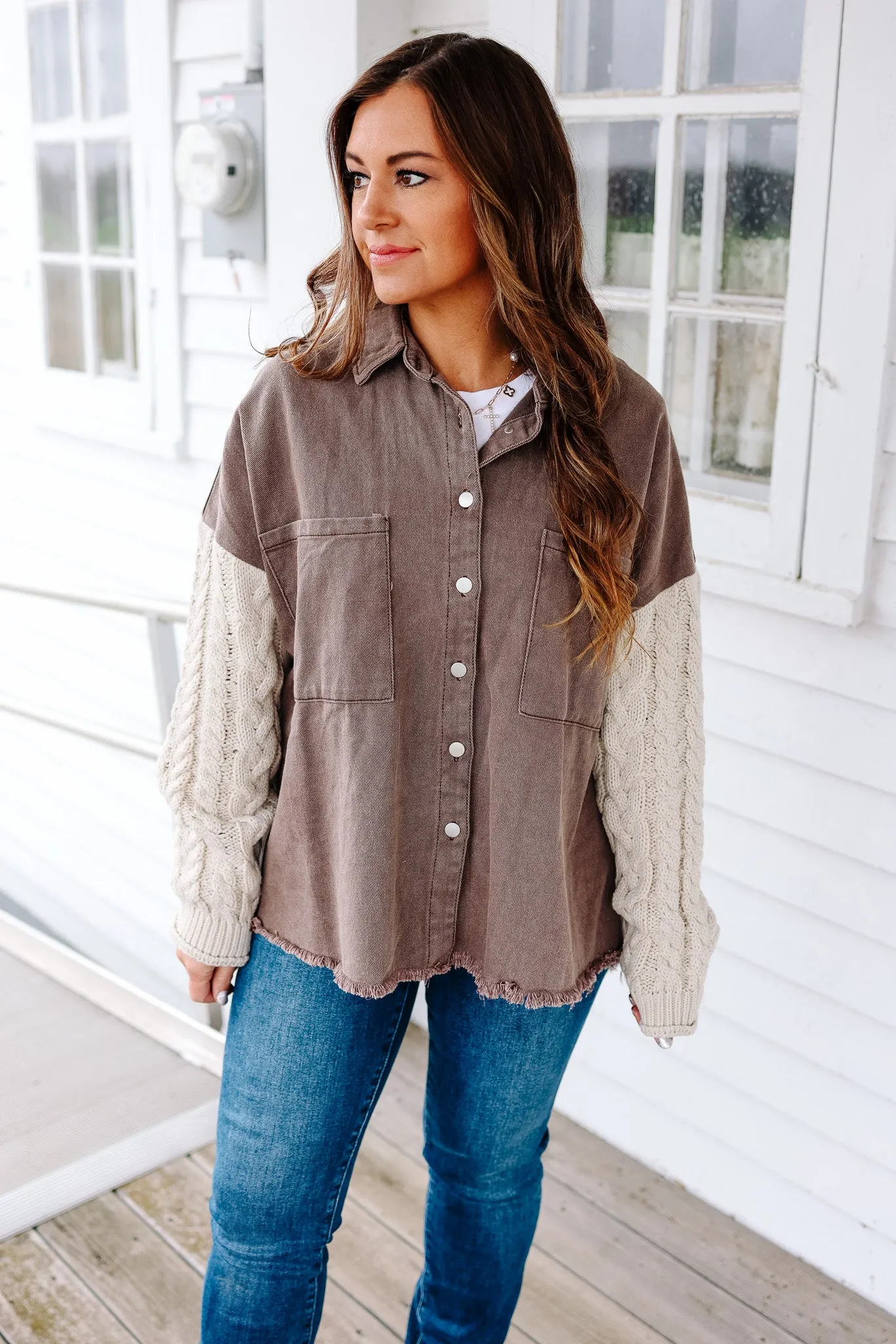Maya Sweater Sleeve Shacket - Choco/Almond