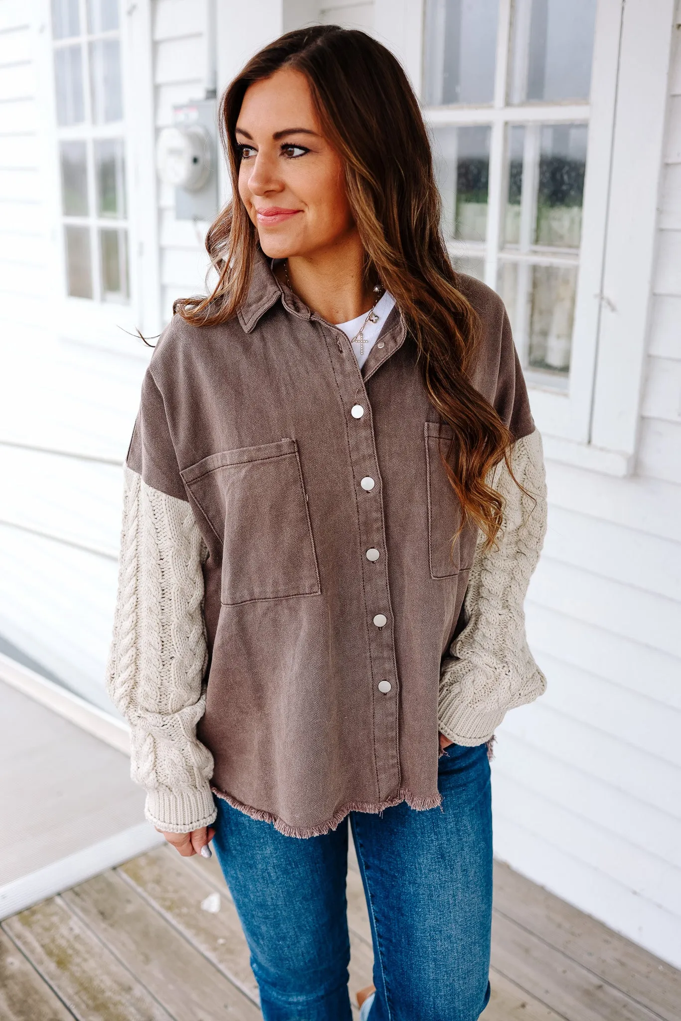 Maya Sweater Sleeve Shacket - Choco/Almond
