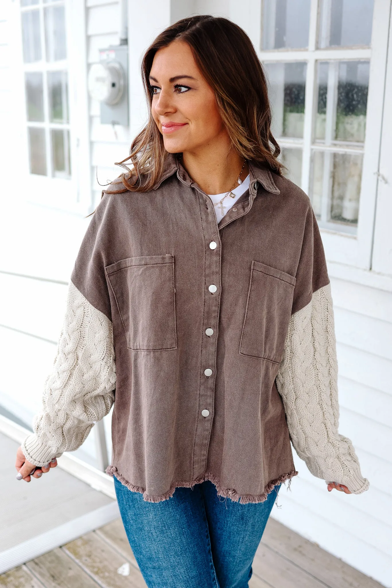 Maya Sweater Sleeve Shacket - Choco/Almond