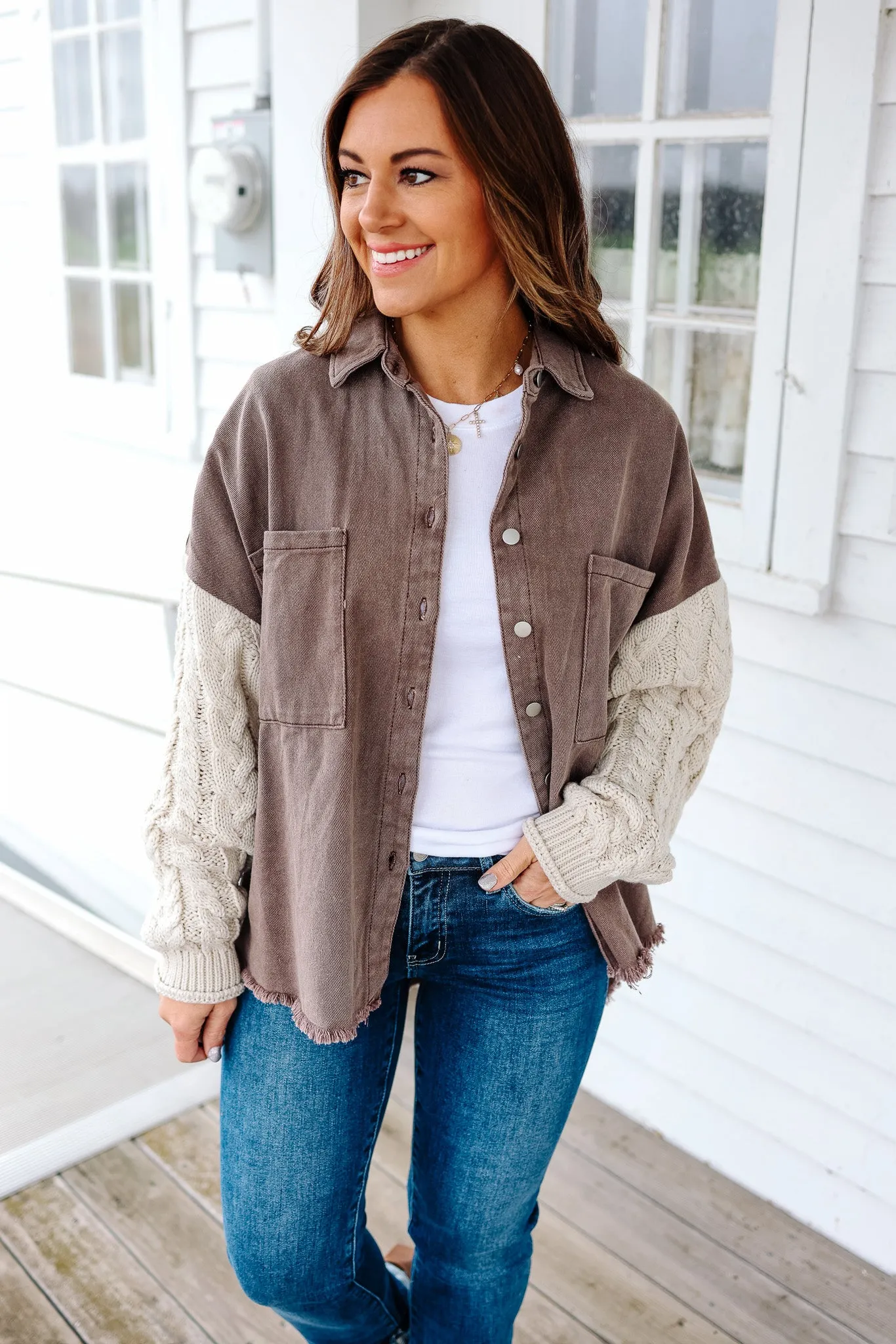 Maya Sweater Sleeve Shacket - Choco/Almond