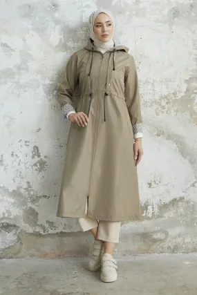 MDS Women Checked Striped Pattern Long Trench Coat - Beige - Middletown