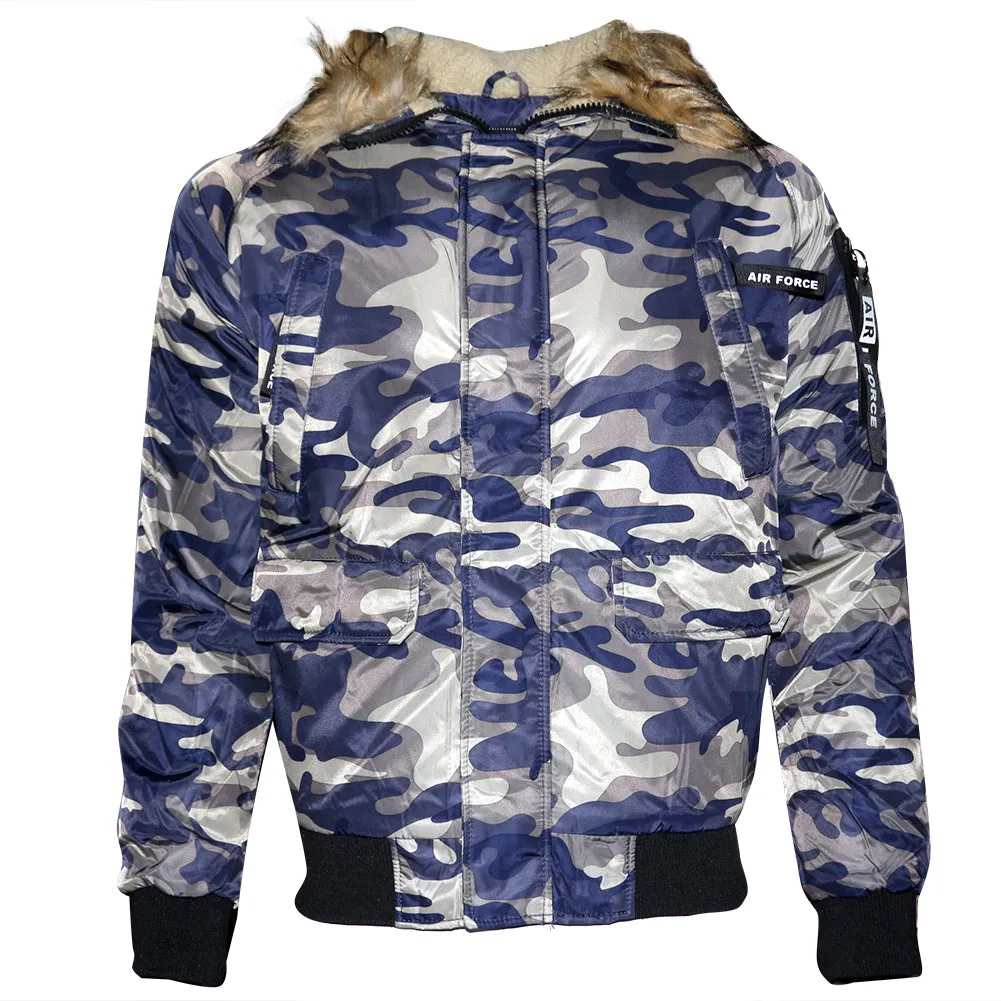 Mens Hoodie Puffer Jacket Zipper Camo Warm Faux Fur Collar Lining Air Force