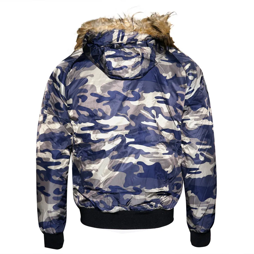 Mens Hoodie Puffer Jacket Zipper Camo Warm Faux Fur Collar Lining Air Force