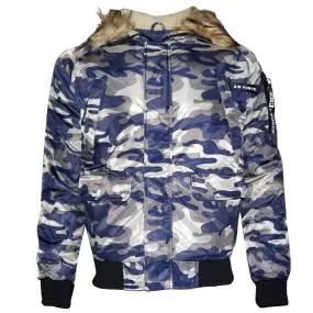 Mens Hoodie Puffer Jacket Zipper Camo Warm Faux Fur Collar Lining Air Force