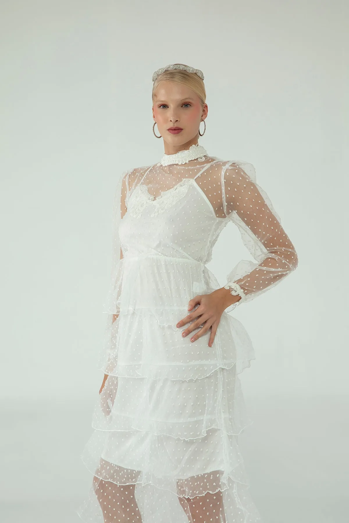 Needlework Detailed Dress With A Layered Skirt