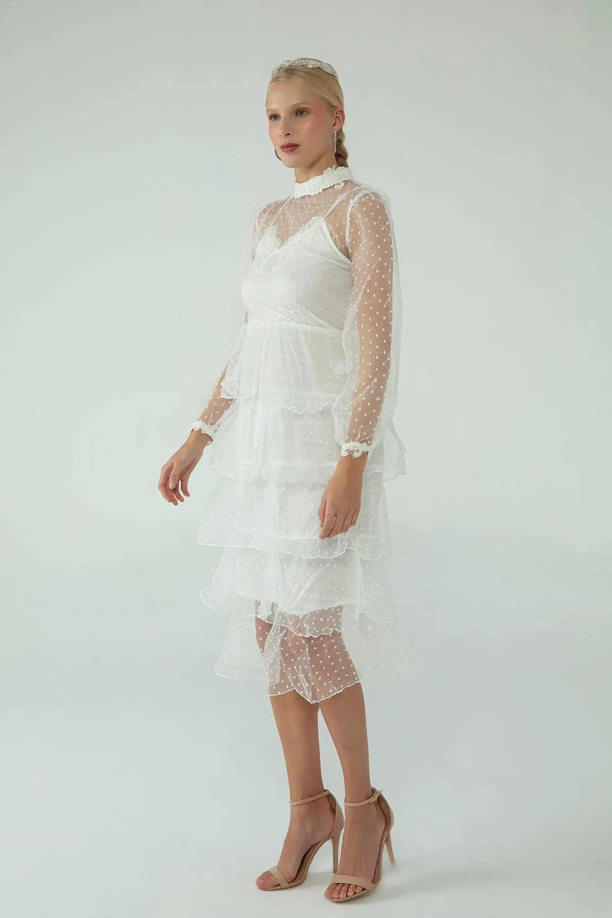 Needlework Detailed Dress With A Layered Skirt