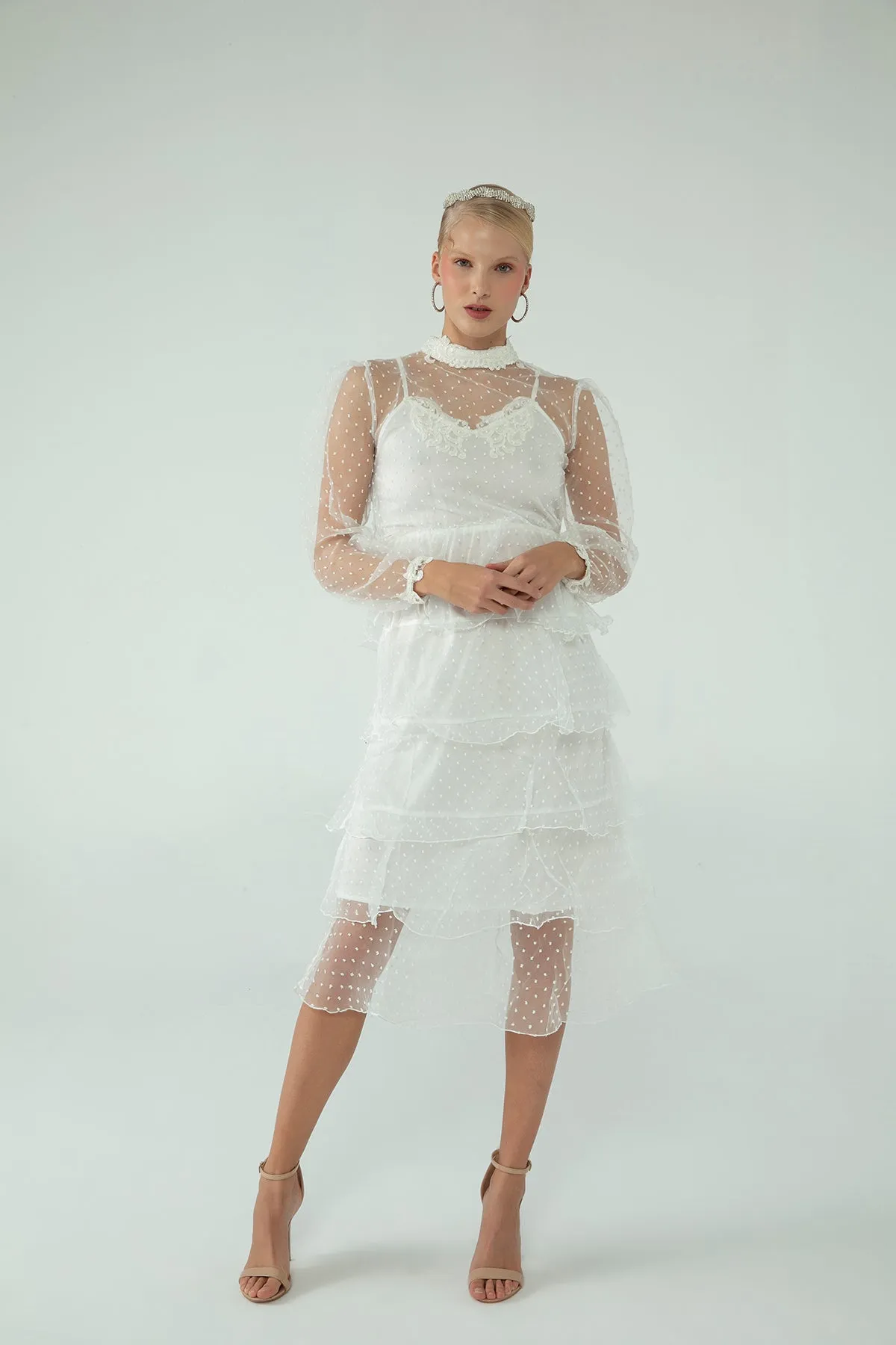 Needlework Detailed Dress With A Layered Skirt