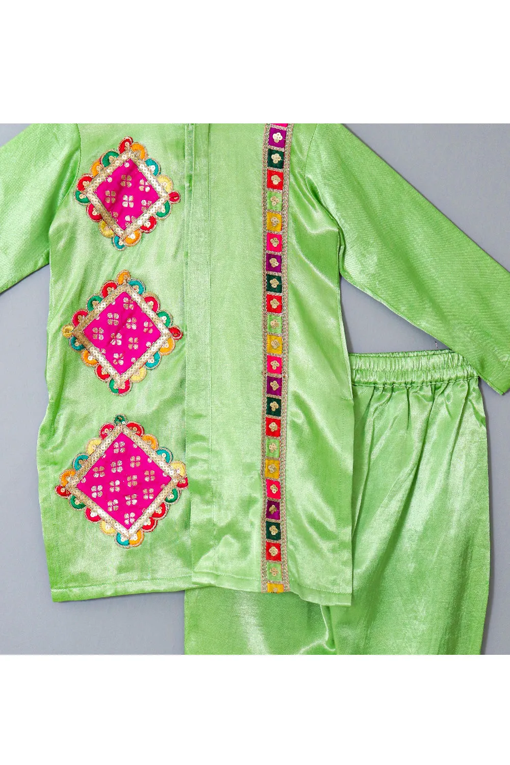 Neon Green Patch Work Detailing Silk Kurta With Pyjama Set