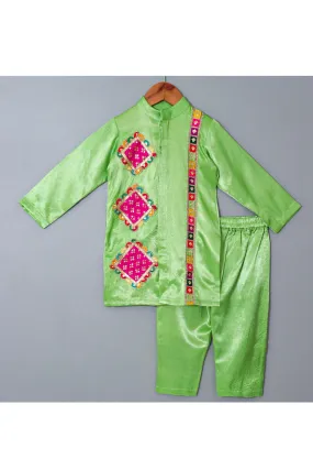 Neon Green Patch Work Detailing Silk Kurta With Pyjama Set