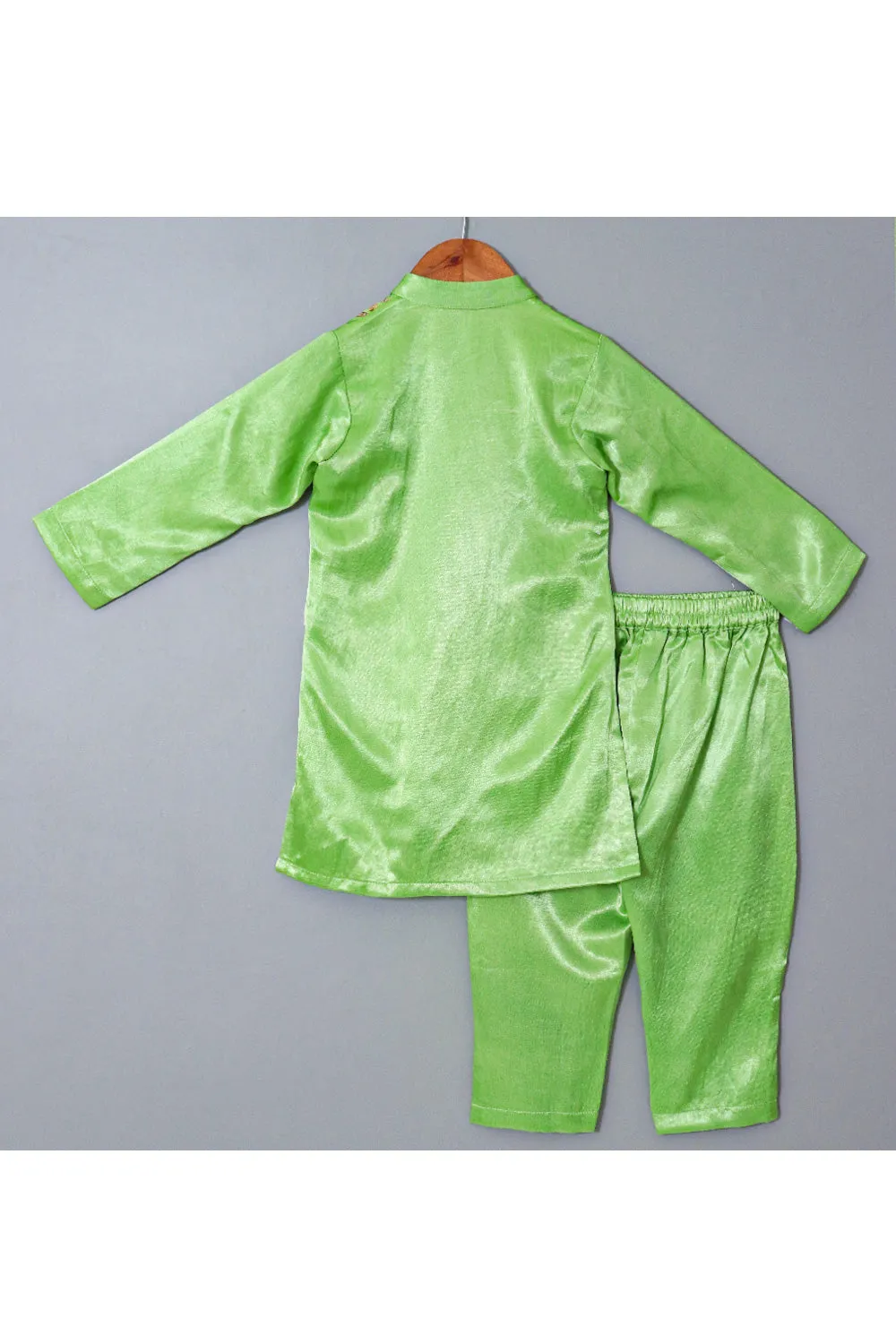 Neon Green Patch Work Detailing Silk Kurta With Pyjama Set