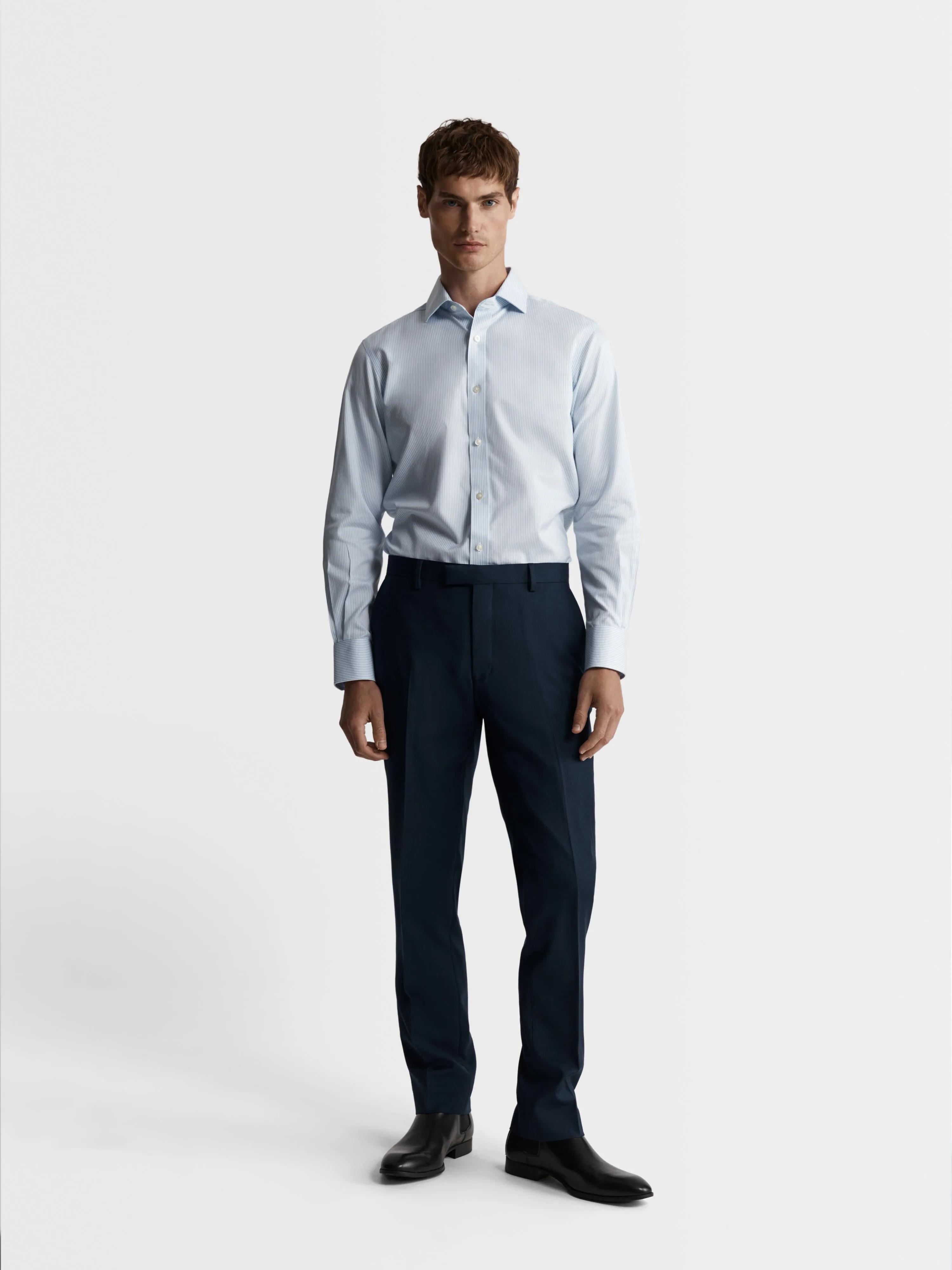 Non-Iron Light Blue Bengal Stripe Twill Regular Fit Single Cuff Classic Collar Shirt
