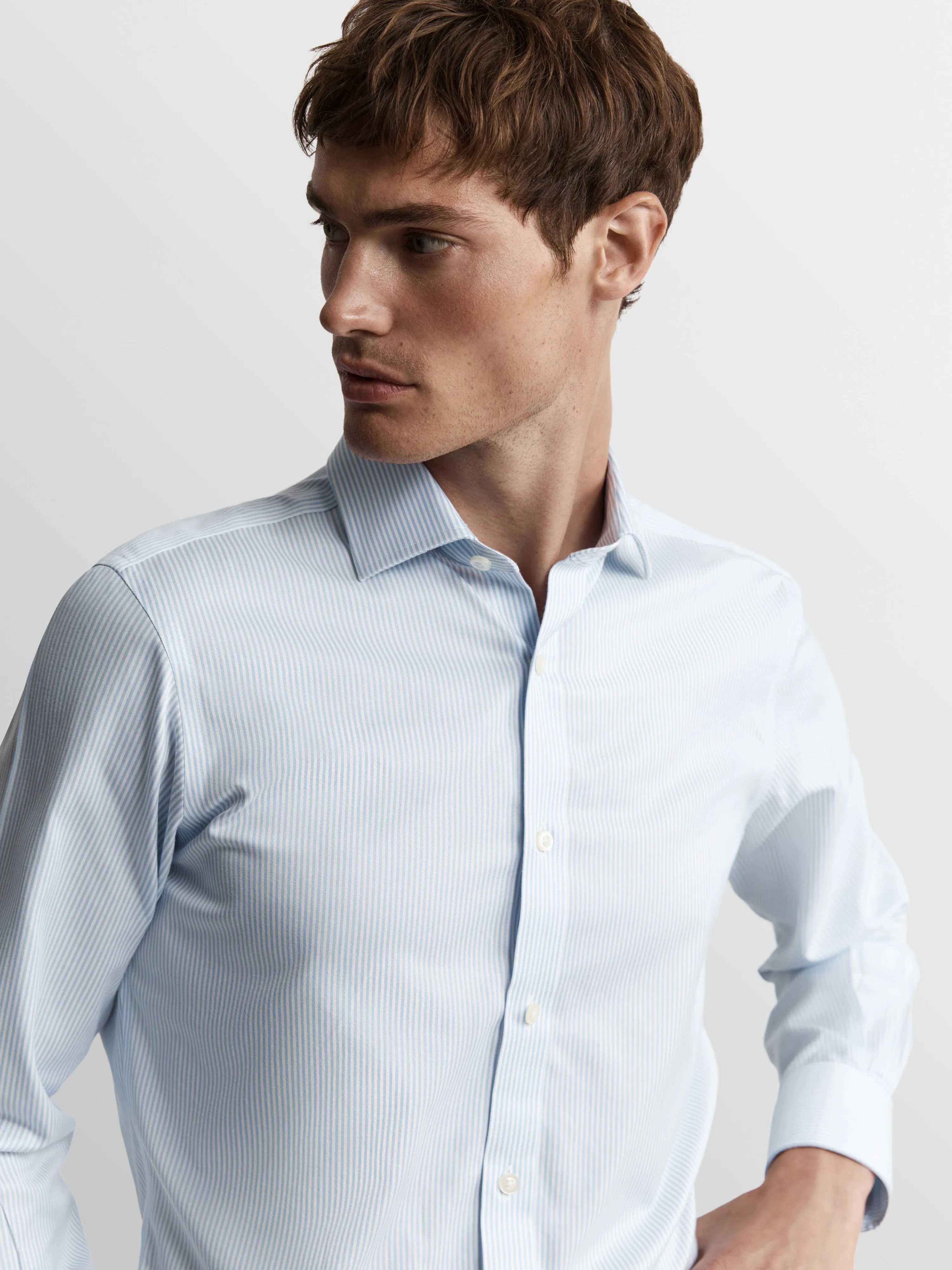 Non-Iron Light Blue Bengal Stripe Twill Regular Fit Single Cuff Classic Collar Shirt