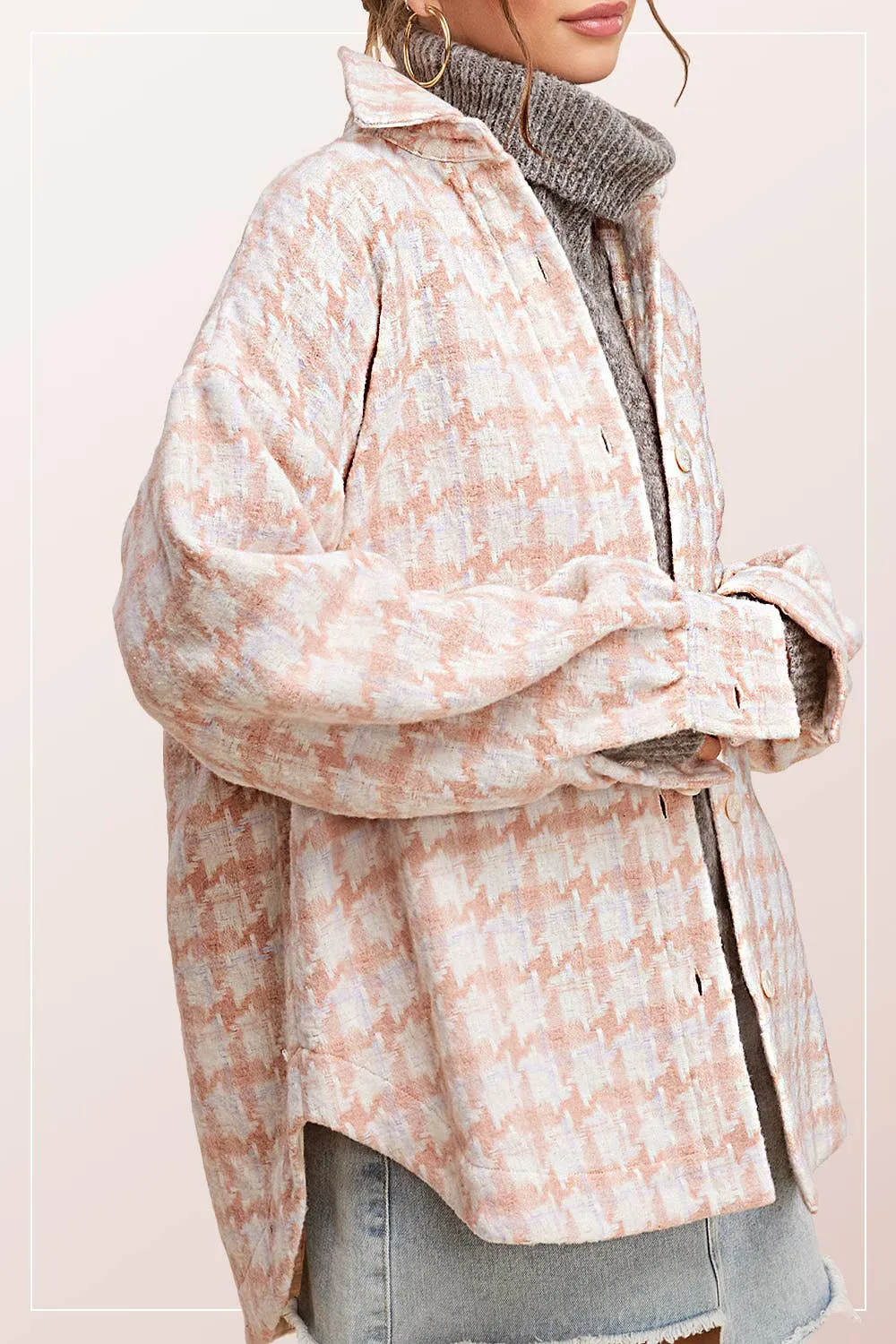 Oversized Houndstooth Patterned Soft Brushed Shacket