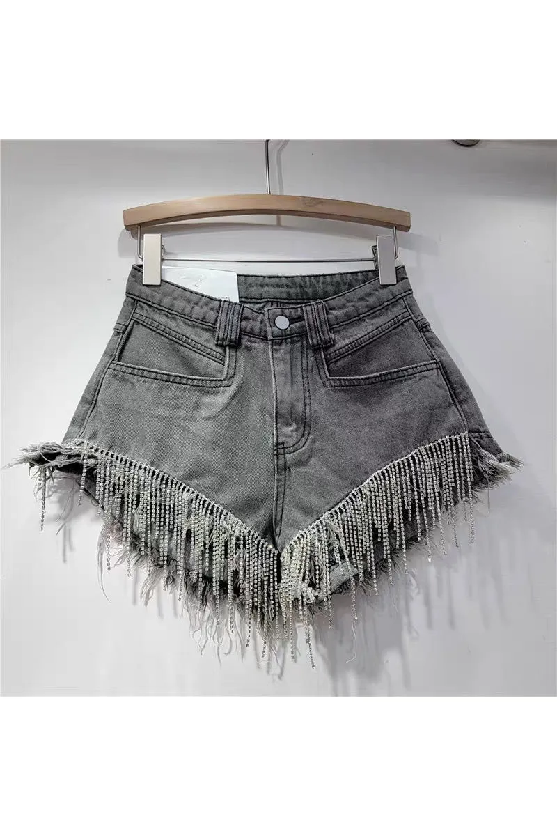 PK0695 Rhinestones Fringes Shorts