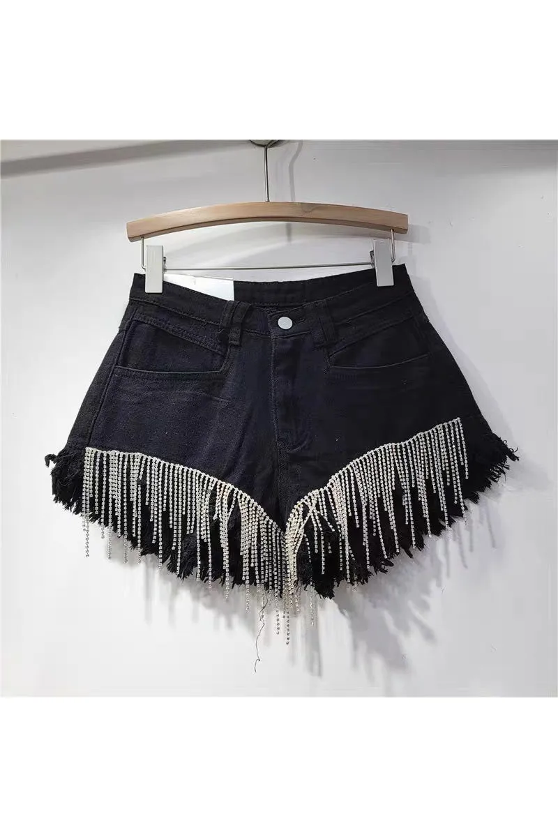 PK0695 Rhinestones Fringes Shorts