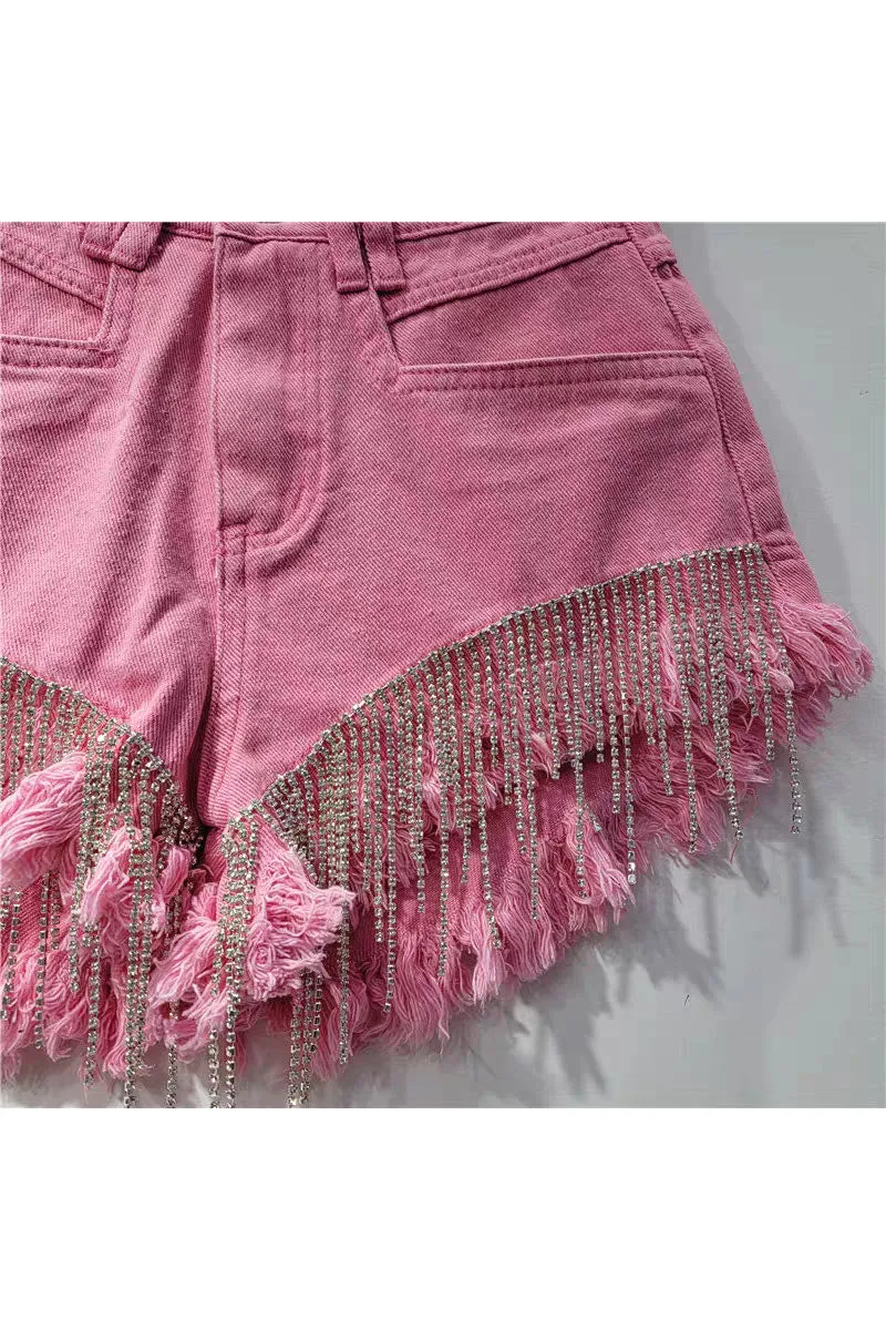 PK0695 Rhinestones Fringes Shorts
