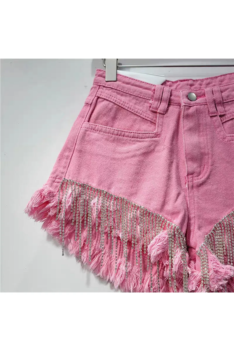 PK0695 Rhinestones Fringes Shorts