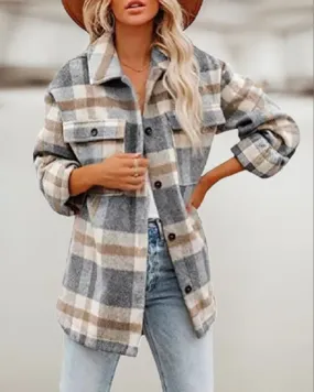 Plaid Print Pocket Design Button Front Shacket
