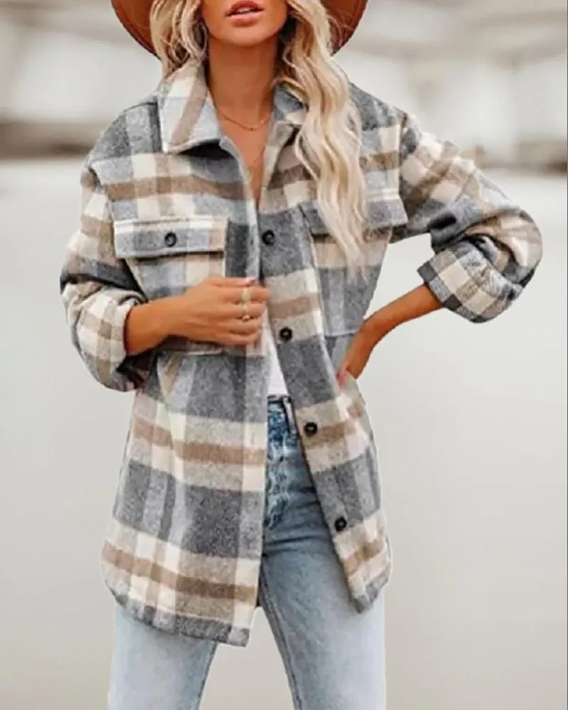 Plaid Print Pocket Design Button Front Shacket