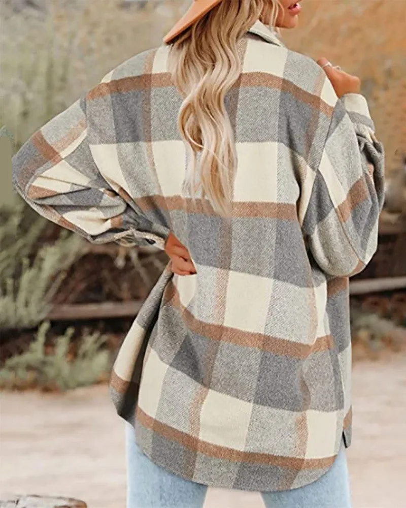 Plaid Print Pocket Design Button Front Shacket