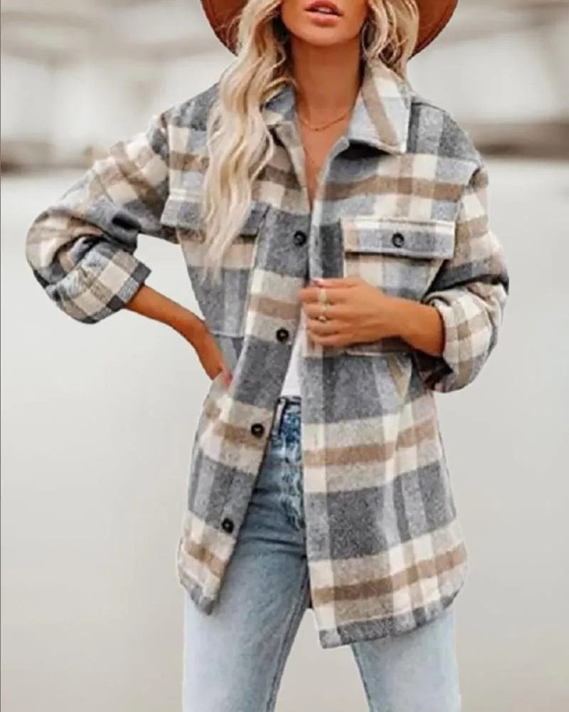 Plaid Print Pocket Design Button Front Shacket