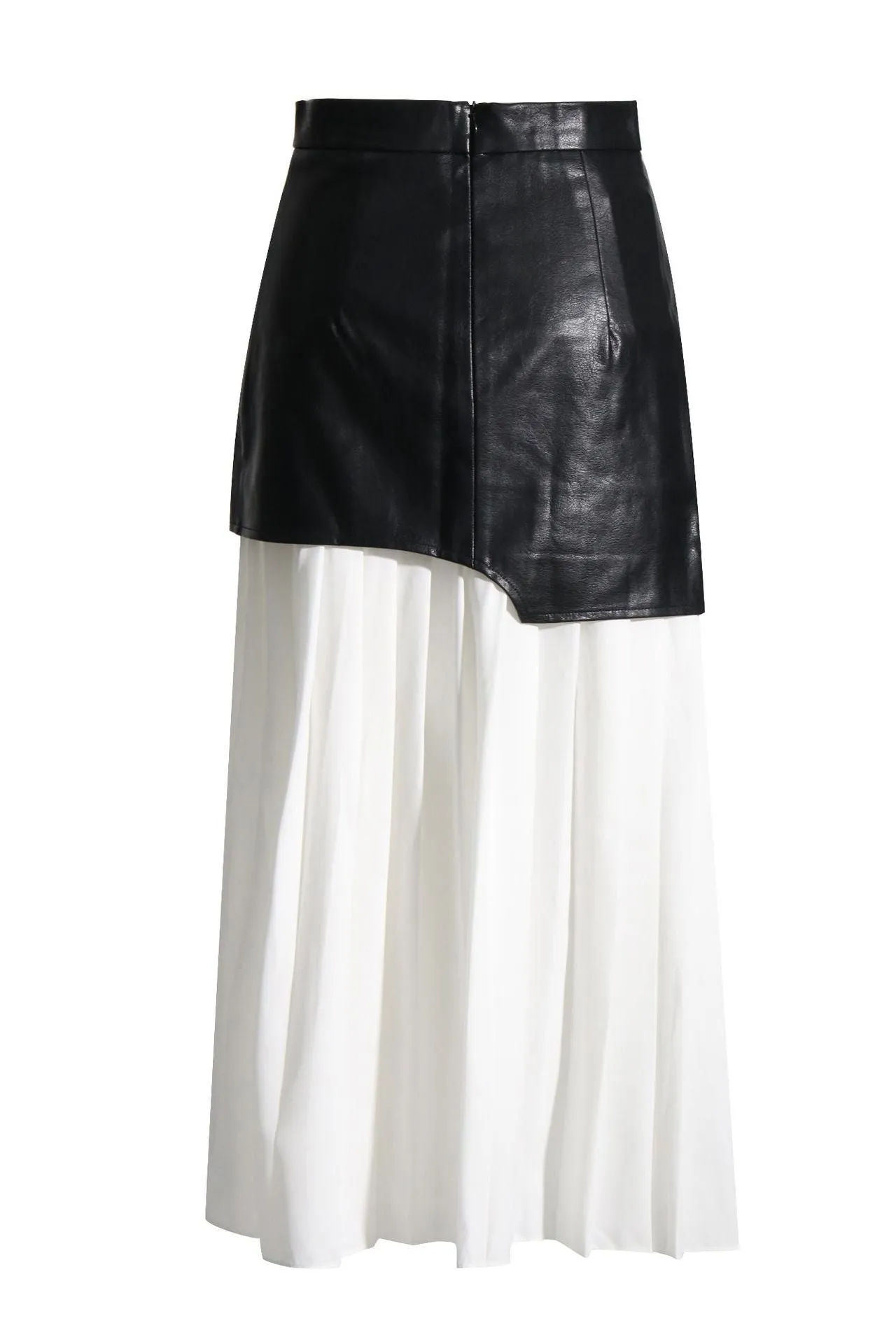Pu leather stitching pleated skirt