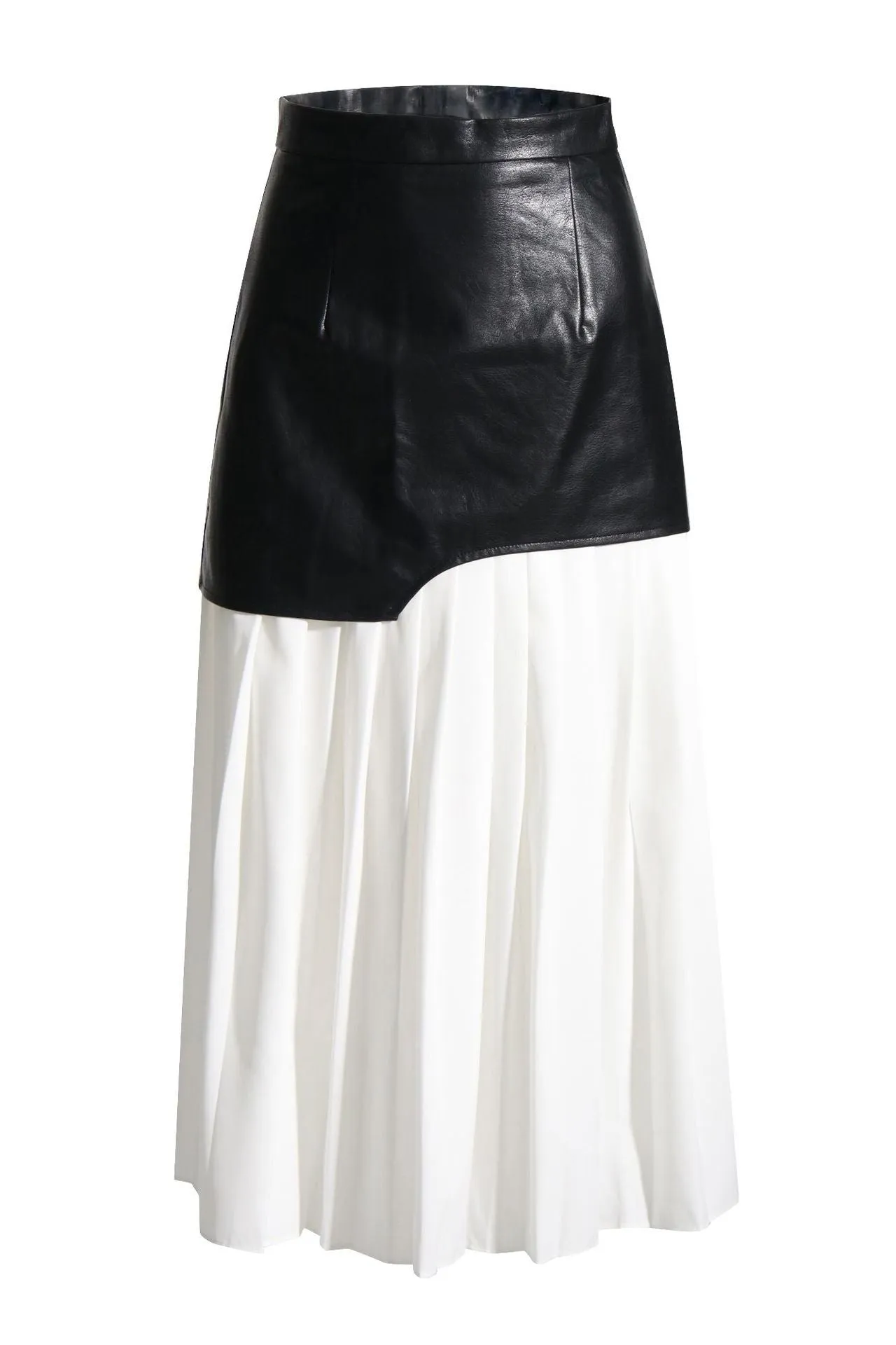 Pu leather stitching pleated skirt