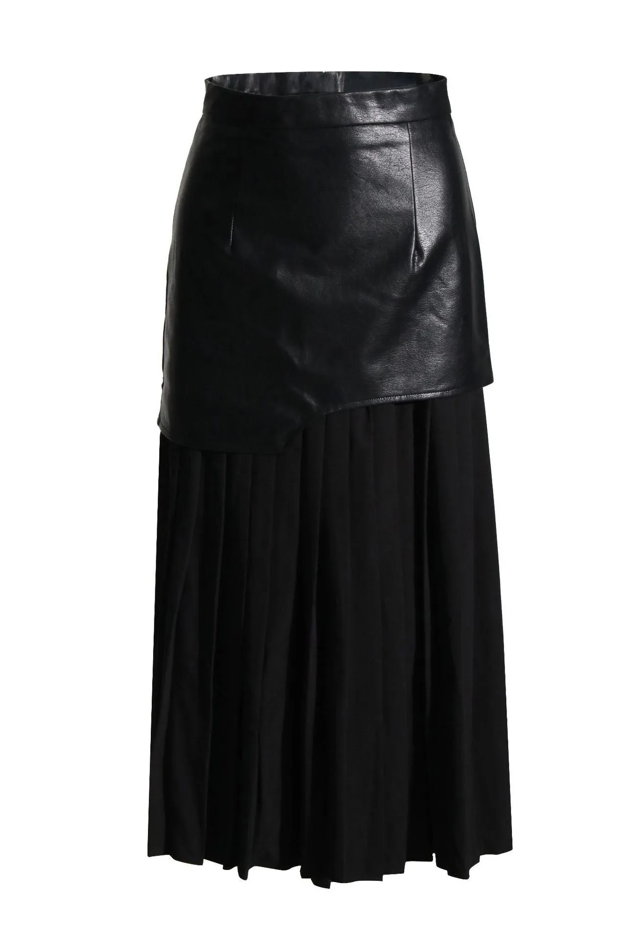 Pu leather stitching pleated skirt