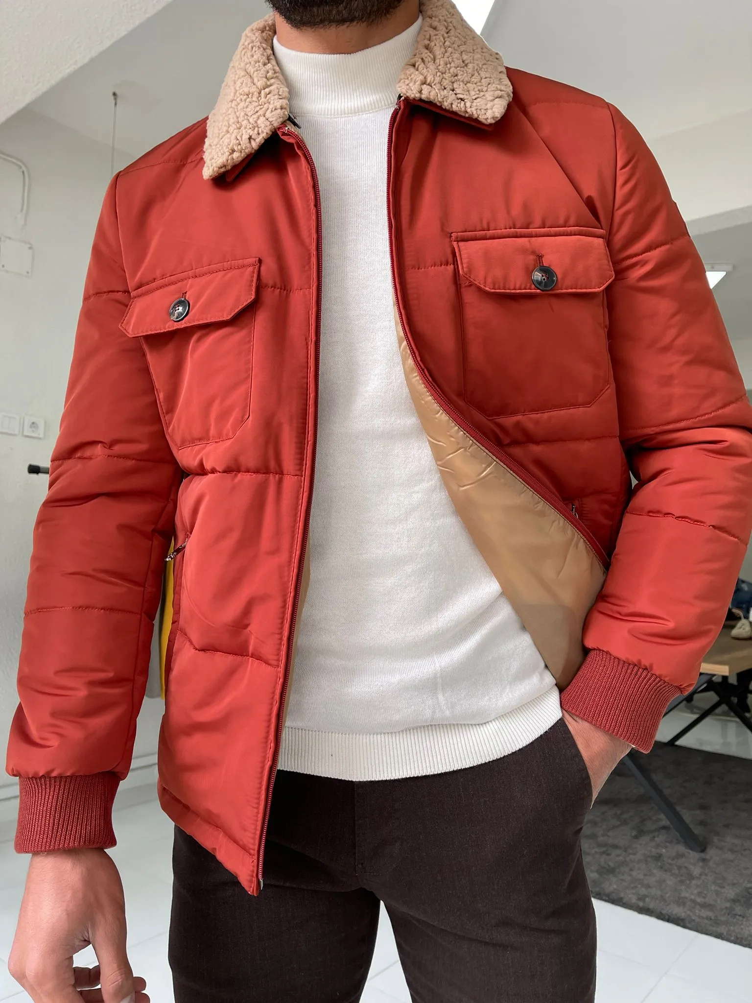 Reese Slim Fit Fur Collared Tile Coat