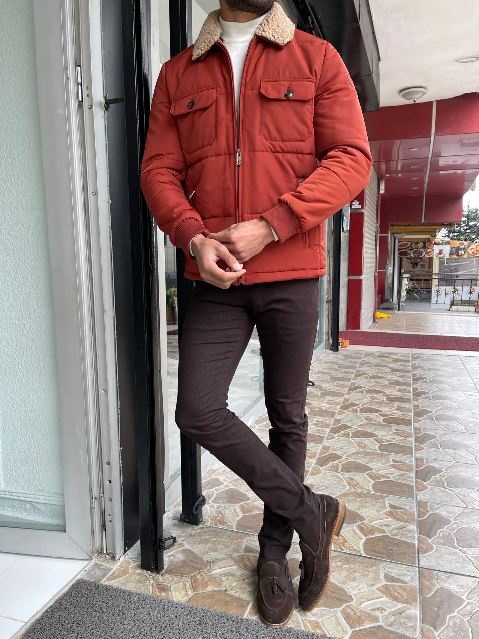 Reese Slim Fit Fur Collared Tile Coat
