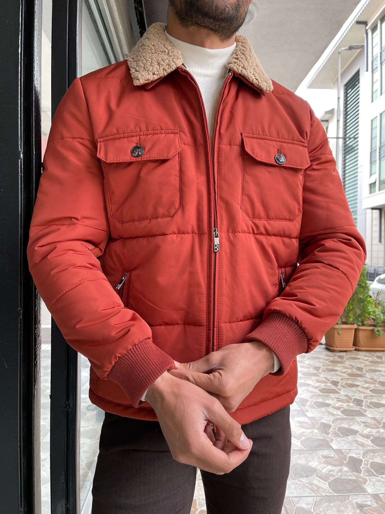 Reese Slim Fit Fur Collared Tile Coat