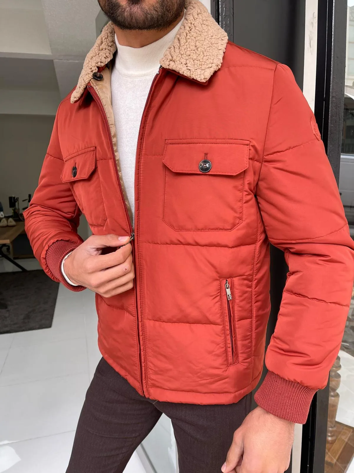Reese Slim Fit Fur Collared Tile Coat