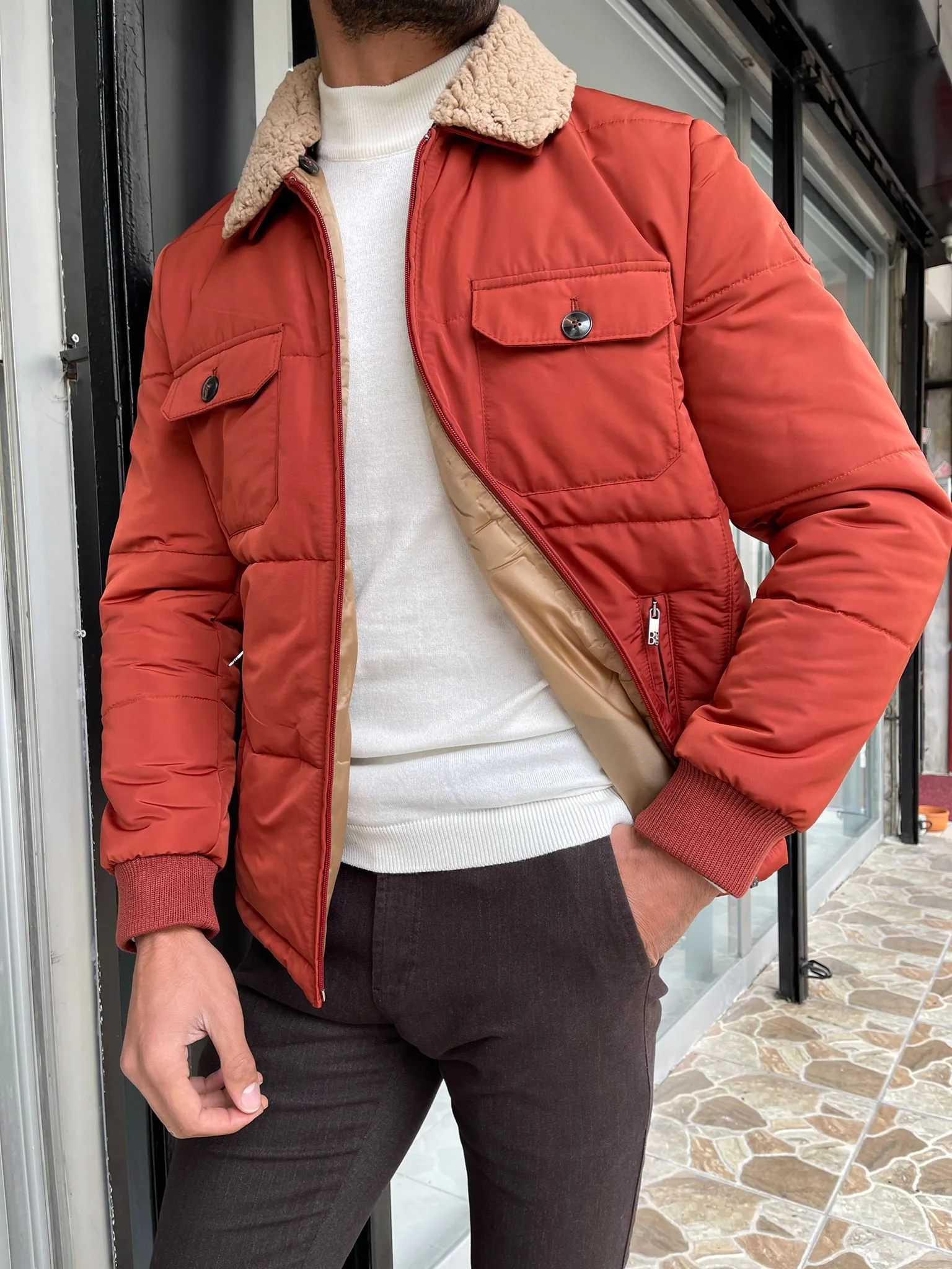 Reese Slim Fit Fur Collared Tile Coat