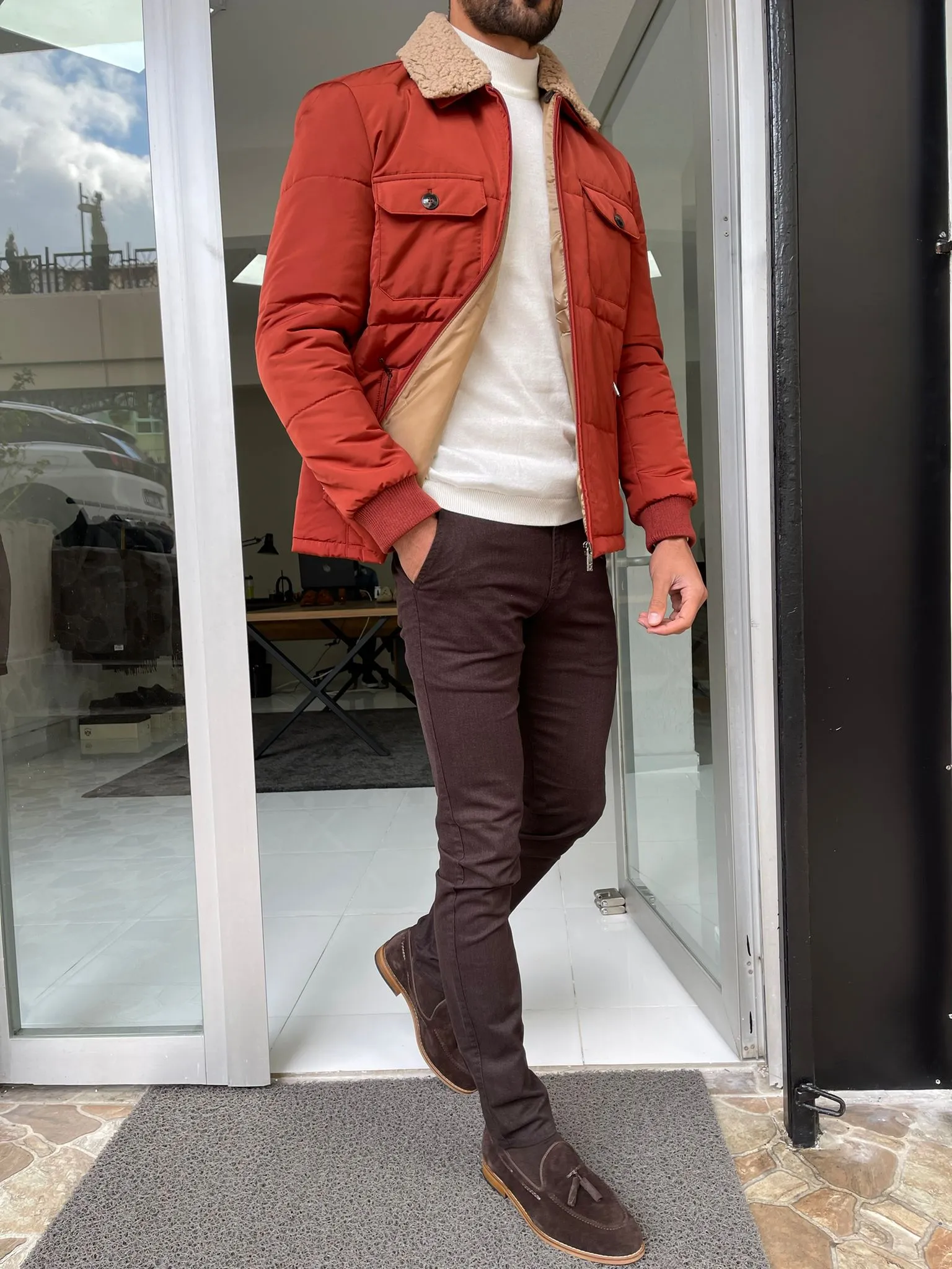 Reese Slim Fit Fur Collared Tile Coat